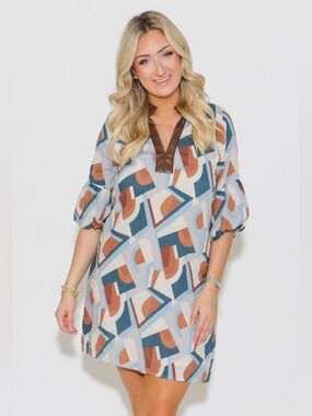 THML Geometric Print Tunic Dress Size S Boho Shift Lined Elastic Sleeve Mini